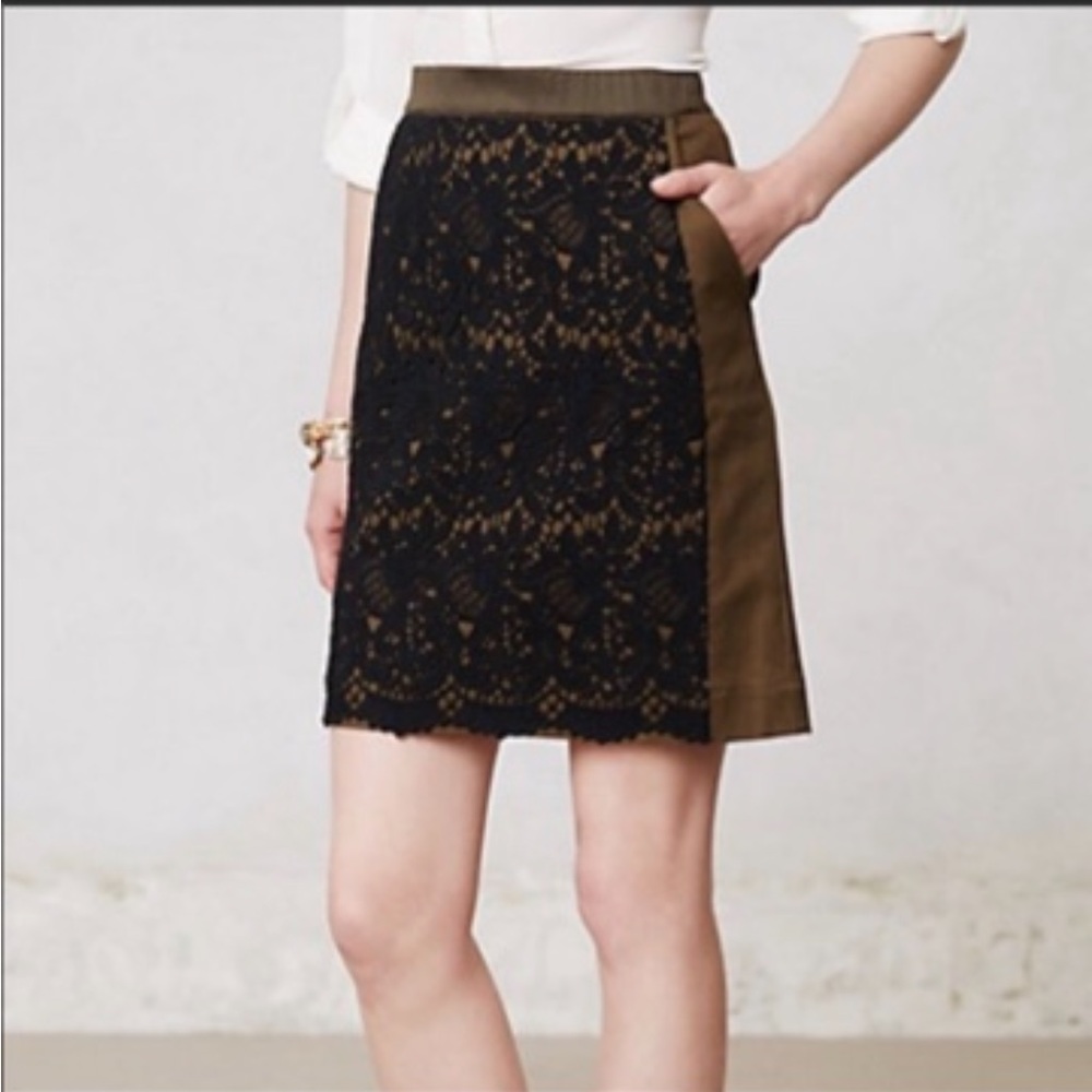 Anthropologie Green Skirt with Black Knit Lace